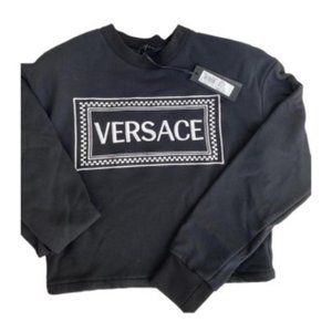 VERSACE BLACK WITH WHITE EMBROIDERED CROP T-SHIRT